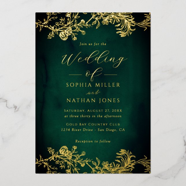 Invitation En Aluminium Real Gold Foil Floral Lace Script Emerald Mariage (Recto)