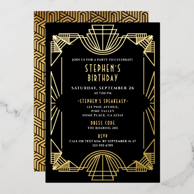 Invitation En Aluminium Real Gold Foil Gatsby Roaring 20s Anniversaire (Recto/Verso)