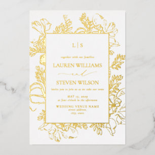 Invitation En Aluminium Real Gold Foil Monogramme Floral Line Art Mariage
