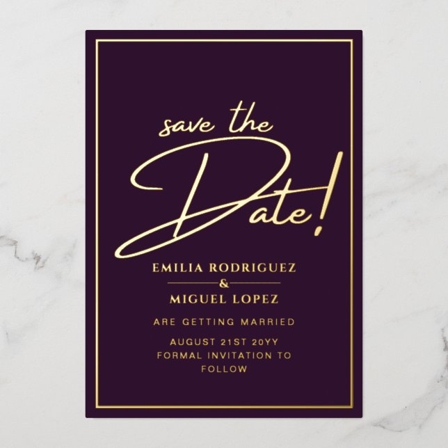 Invitation En Aluminium Real GOLD Foil Plum Purple Enregistrer le Mariage  (Recto)
