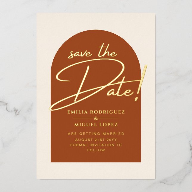 Invitation En Aluminium Real GOLD Foil Terracotta Enregistrer la date Mari (Recto)