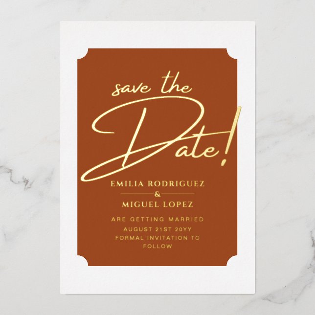 Invitation En Aluminium Real GOLD Foil Terracotta Enregistrer le Mariage d (Recto)