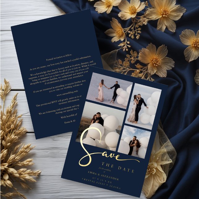 Invitation En Aluminium Real Gold Modern Collage in Navy Blue Fancy Script (Real Gold Modern Collage in Navy Blue Fancy Script Calligraphy Save the Date Card with Envelope.)