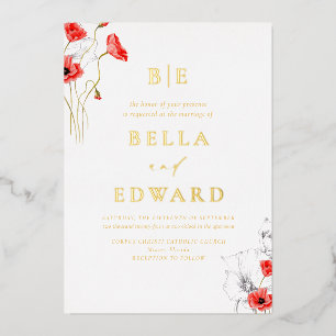 Invitation En Aluminium Real Gold Poppy Red Fleur sauvage Chic Mariage