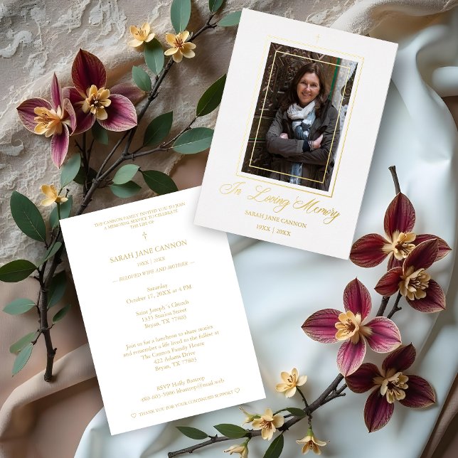 Invitation En Aluminium Real Gold White Traditional Elegant Photo Funeral (Real Golden White Traditional & Elegant Photo Funeral Dear Ones Metallic Foil Invitations Cards.)