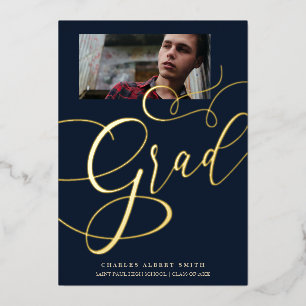 Invitation En Aluminium Real Golden & Navy Modern Typography Grad Photo