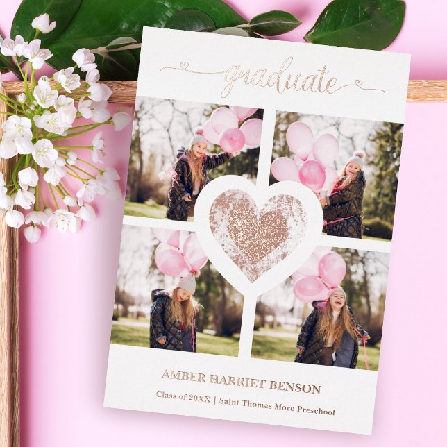 Invitation En Aluminium Real Rose Gold Heart Trendy Girl Pre K Graduation  (Créateur téléchargé)
