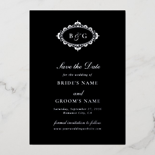 Invitation En Aluminium Real Silver Foil Black Wedding Enregistrer la date (Recto)