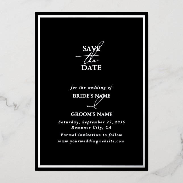 Invitation En Aluminium Real Silver Foil Black Wedding Enregistrer la date (Recto)