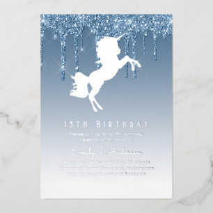 Invitation En Aluminium Real Silver Foil Unicorn Girly Birthday (ANY) Blue
