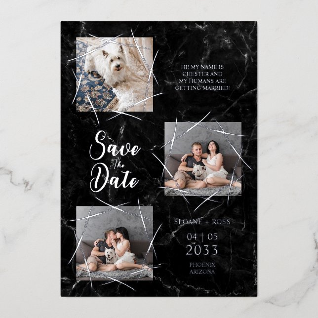 Invitation En Aluminium Real Silver Three Photos Dog Wedding Faux Marble (Recto)