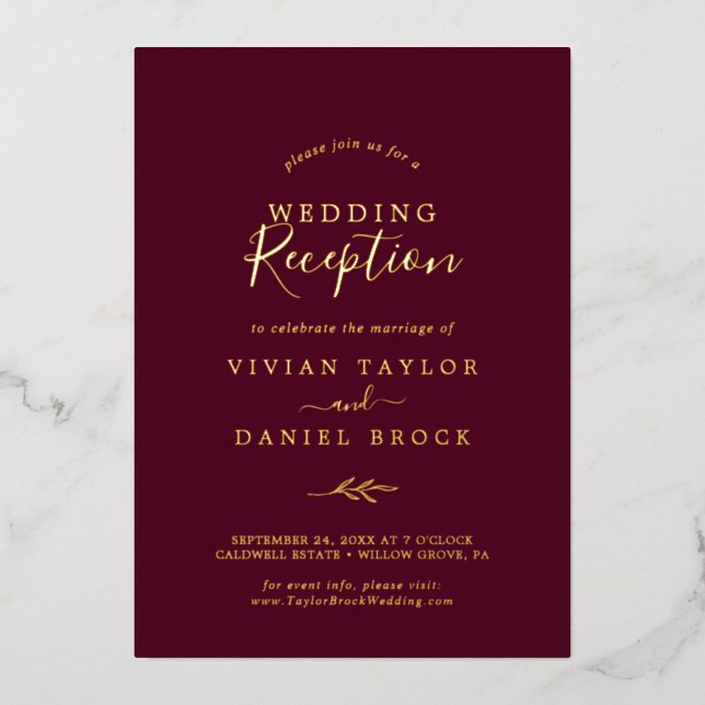 Invitation En Aluminium Réception De Mariage De Bourgogne Minuscule En Or  (Recto)