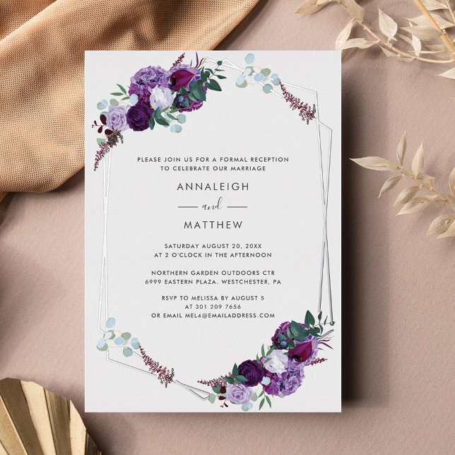 Invitation En Aluminium Réception de mariage géométrique à fleurs violette (Purple Floral Geometric Wedding Invitation Silver Foil Card)