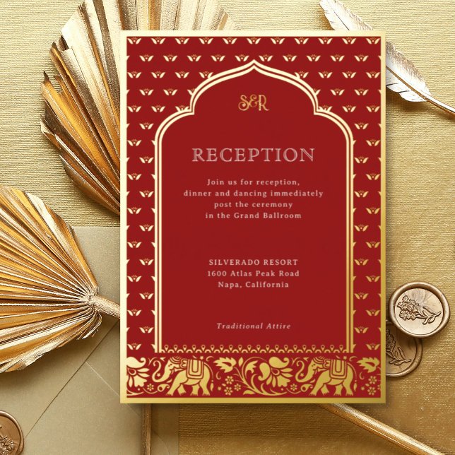 Invitation En Aluminium Réception de mariage indien Eléphant & Fleur de Lo (Red Indian wedding invitation with elephant and lotus flower motif, hindu wedding invitation card)
