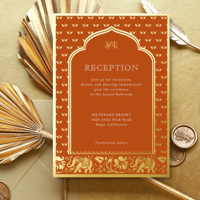 Invitation En Aluminium Réception de mariage indienne Elephant & Lotus Flo (Orange Indian wedding invitation with elephant and lotus flower motif, hindu wedding invitation card)