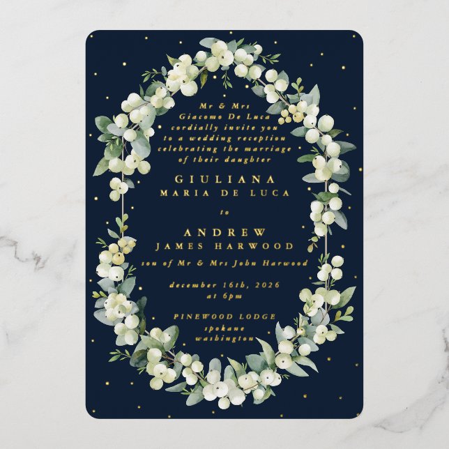 Invitation En Aluminium Réception de mariage Navy Snowberry+Eucalyptus uni (Recto)