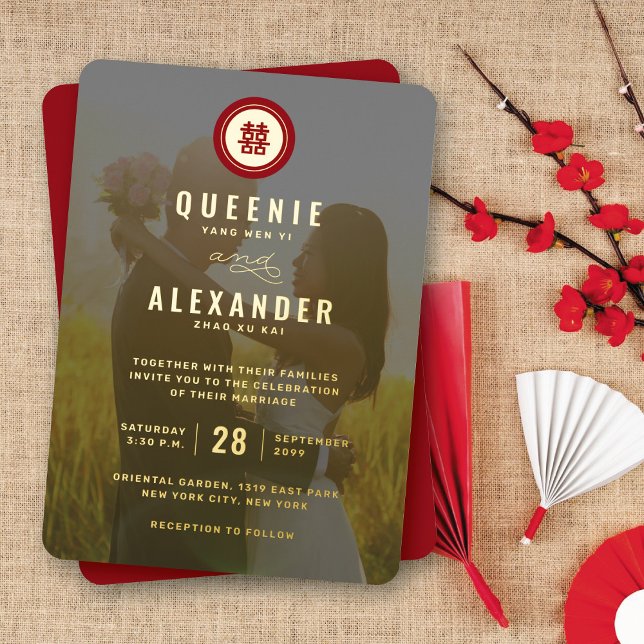 Invitation En Aluminium Red Circle Double Bonheur Photo Mariage chinois (Gold/Red Classic Circle Double Happiness Photo SImple Modern Chinese Wedding Real Foil Invitation)