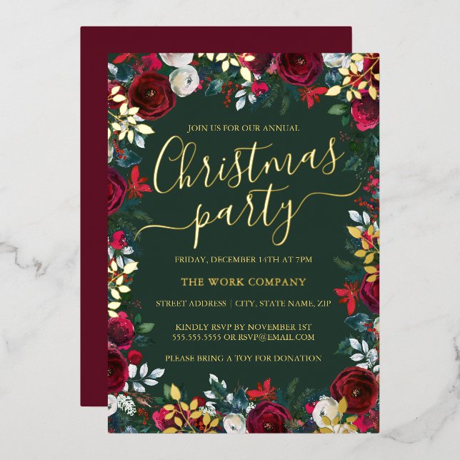 Invitation En Aluminium Red Green Gold Leaf Fête de Noël d'entreprise (Recto/Verso)