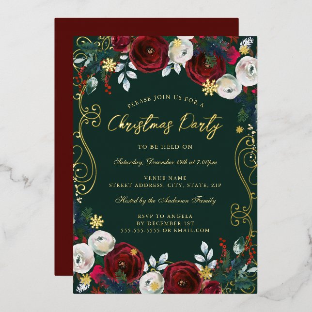 Invitation En Aluminium Red Green Gold Swirl Fête de Noël Florale (Recto/Verso)