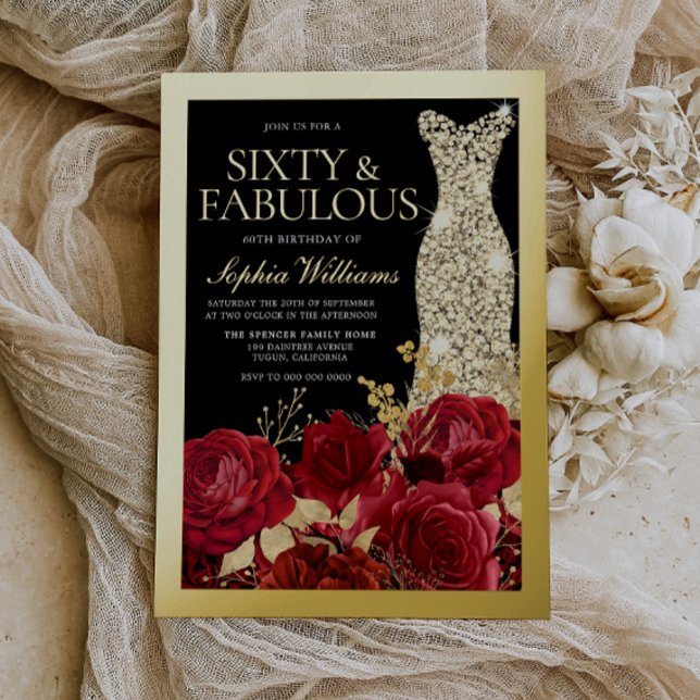 Invitation En Aluminium Red Roses & Gold Foil Black 60th Birthday (Créateur téléchargé)