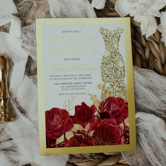 Invitation En Aluminium Red Roses & Gold Foil Border Bridal Shower (Créateur téléchargé)