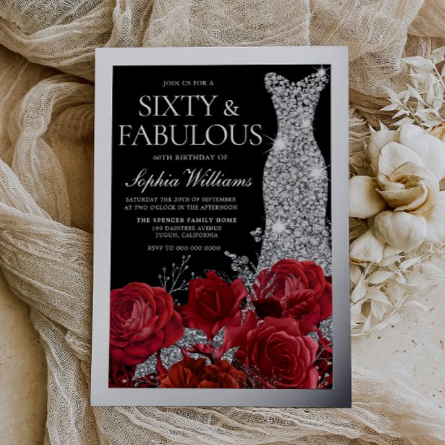 Invitation En Aluminium Red Roses & Silver Foil Black 60th Birthday (Créateur téléchargé)