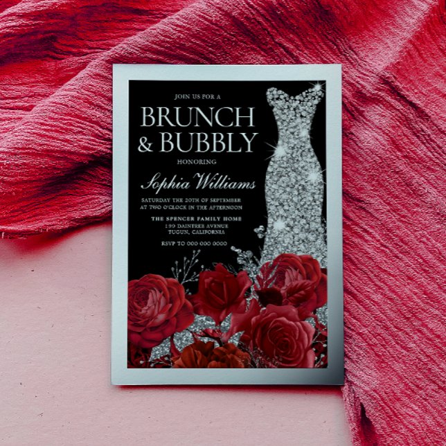 Invitation En Aluminium Red Roses & Silver Foil Black Bridal Shower (Créateur téléchargé)