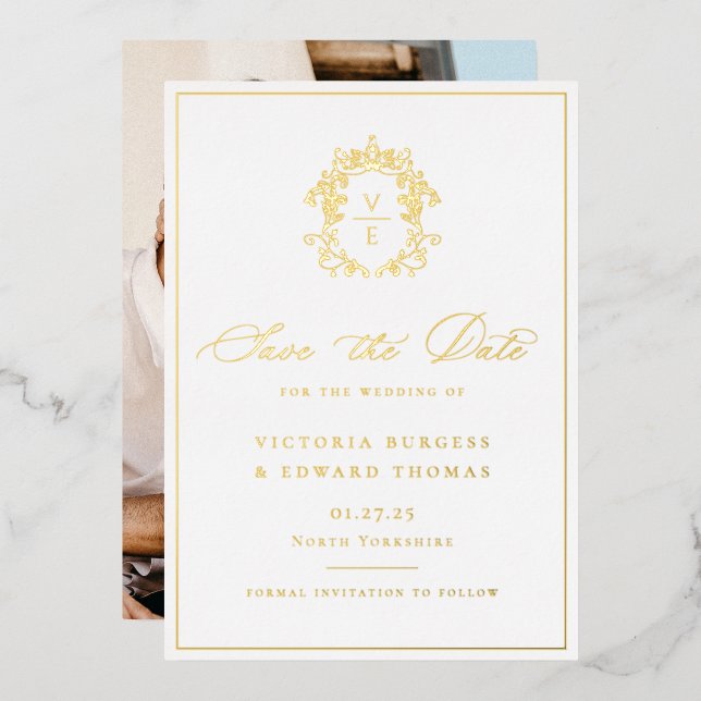 Invitation En Aluminium Regency Era Monogram Crest Photo Mariage (Recto/Verso)