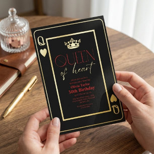 Invitation En Aluminium Reine du coeur Black Red Gold fête d'anniversaire