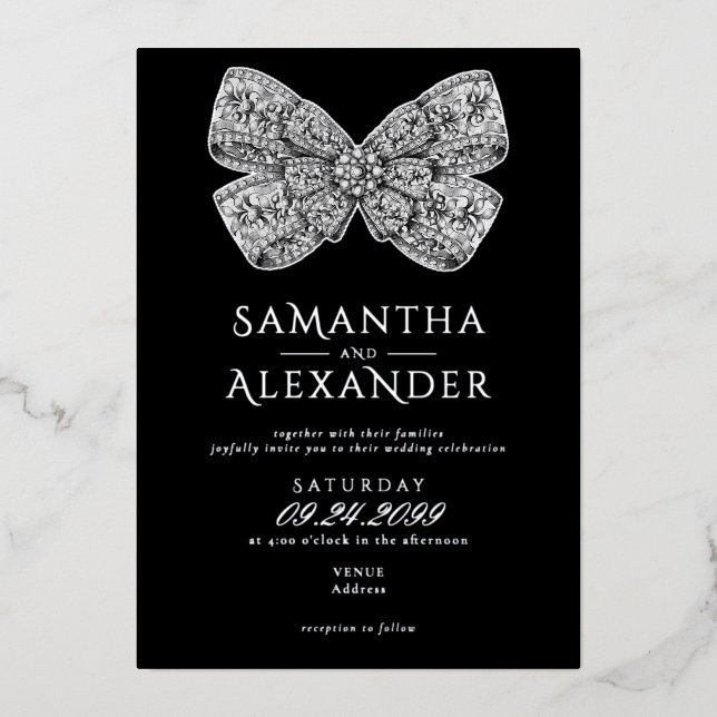 Invitation En Aluminium Renaissance Regency Ornate Bow Black Photo Mariage (Recto)