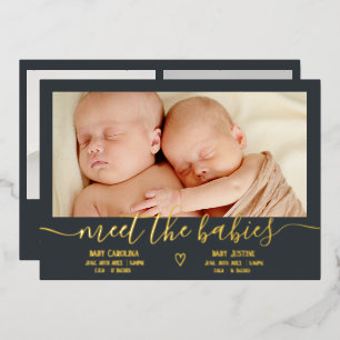 Invitation En Aluminium Rencontrez les bébés script or 3 photo bébé jumeau