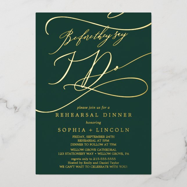 Invitation En Aluminium Repas de répétition romantique vert et doré avant  (Recto)