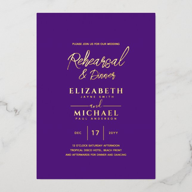 Invitation En Aluminium Répétition et dîner du Mariage Purple Gold Foil (Recto)