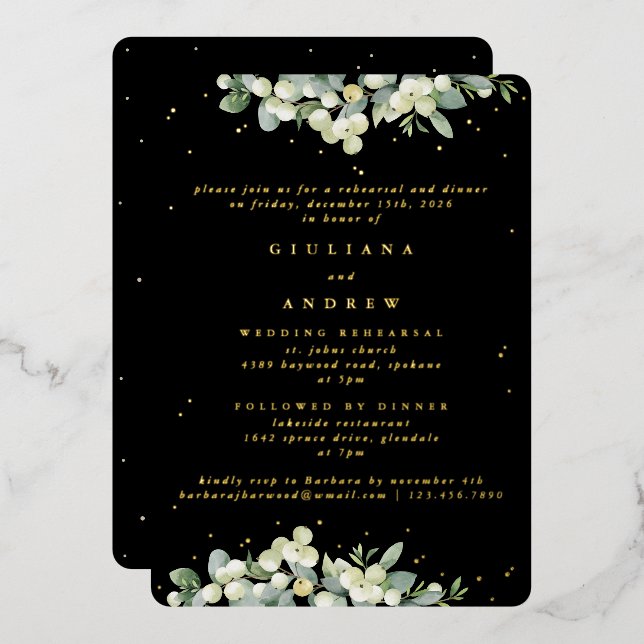 Invitation En Aluminium Répétition Mariage Black Snowberry+Eucalyptus (Recto/Verso)