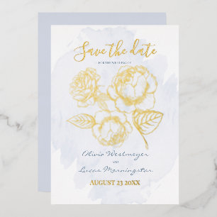 Invitation En Aluminium RÉSERVEZ LA DATE   Rose doré sur Dusty Blue