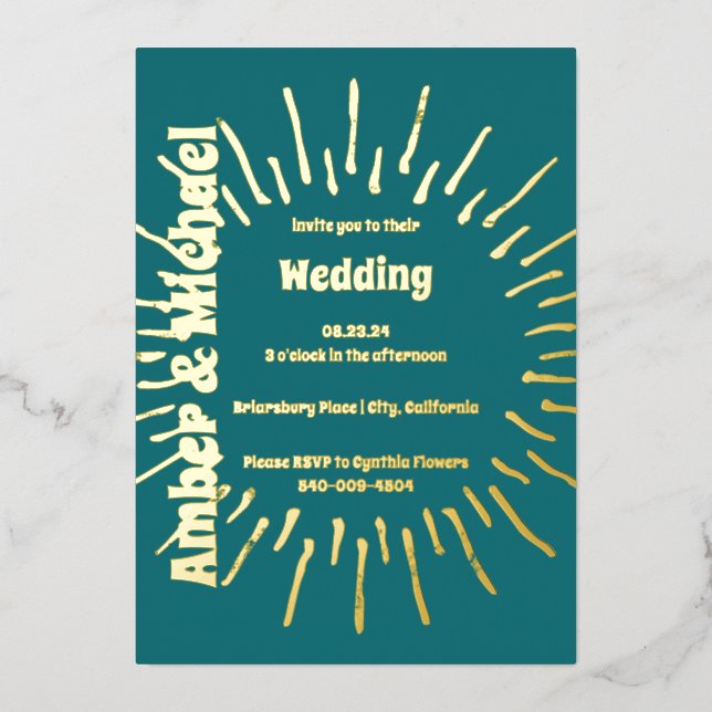 Invitation En Aluminium Retro Blue Turquoise et Gold Sun Mariage (Recto)