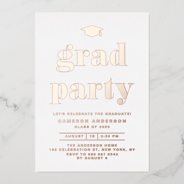 Invitation En Aluminium Retro Bold Typographie Graduation Party Rose Gold (Recto)