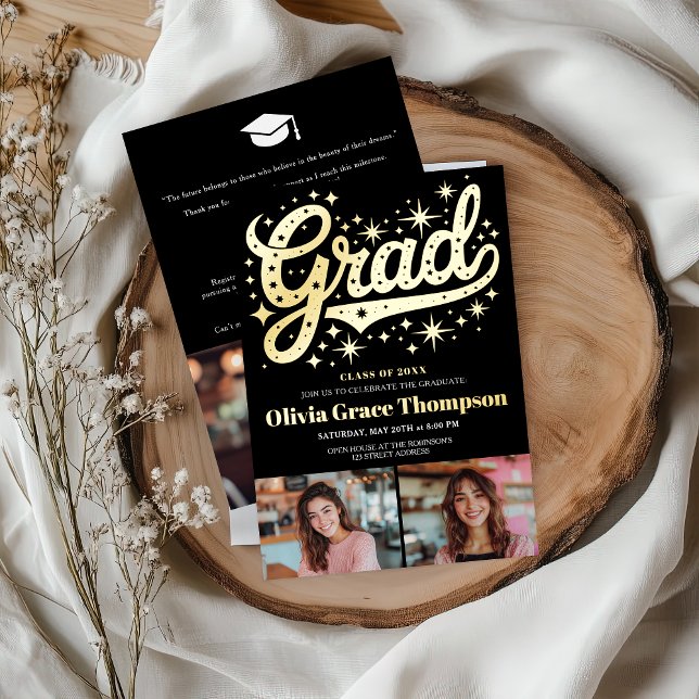 Invitation En Aluminium Retro Gold Script Stars 3-Photo Graduation Party (Retro Gold Script Stars 3-Photo Graduation Party Foil Invitation)
