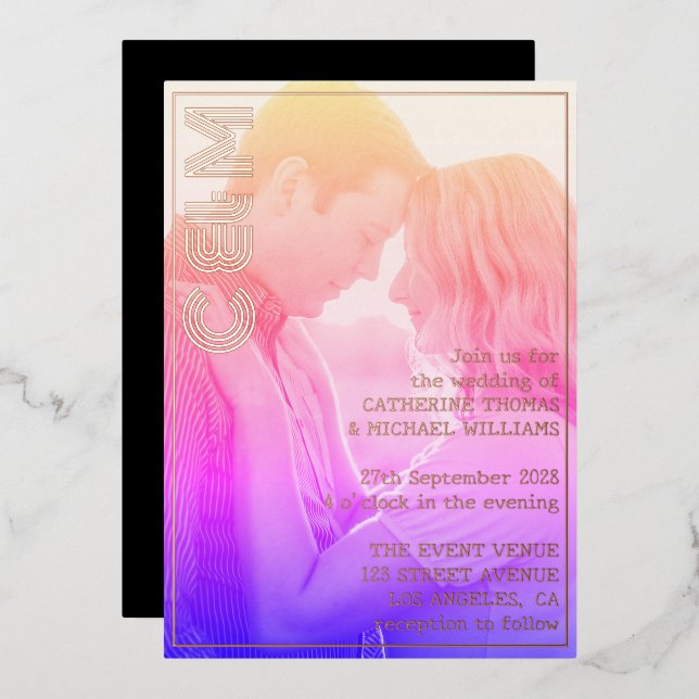 Invitation En Aluminium Retro les années 70 Nom Monogramme Et Mariage Phot (Recto/Verso)