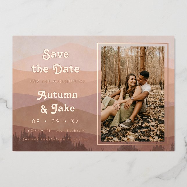 Invitation En Aluminium Retro Mountains Photo Wedding Enregistrer La Date (Recto)
