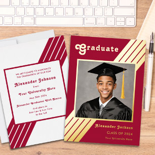Invitation En Aluminium Retro Stripe Grad Photo Bourgogne et or