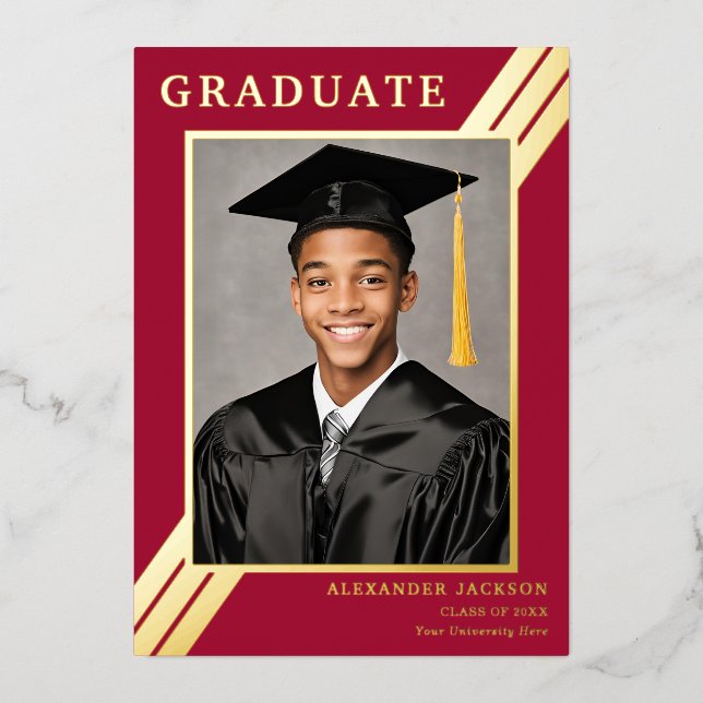 Invitation En Aluminium Retro Stripe Grad Photo Bourgogne Gold Graduation (Recto)