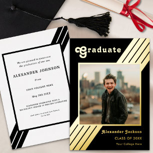 Invitation En Aluminium Retro Stripe Gradupe Photo noir et or