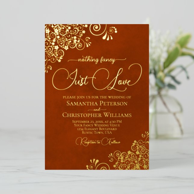 Invitation En Aluminium Rien De Fancy Just Love Mariage Rust Orange & Gold (Debout devant)