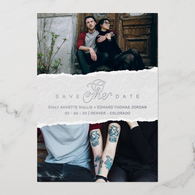Invitation En Aluminium Ripped Paper Effect Wedding Custom Photo Script (Recto)