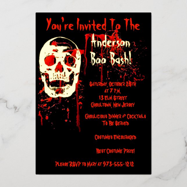 Invitation En Aluminium Rire Crâne Noir & Rouge Bloody Halloween Party (Recto)