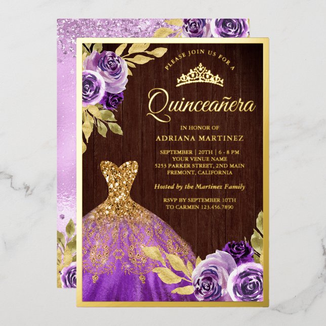 Invitation En Aluminium Robe à étincelles florales violet Bois Quinceanera (Recto/Verso)