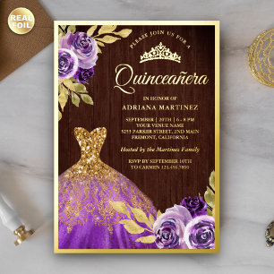 Invitation En Aluminium Robe à étincelles florales violet Bois Quinceanera