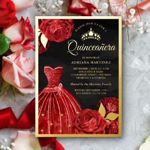 Invitation En Aluminium Robe à paillettes Roses rouges Quinceanera noir Or