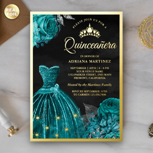 Invitation En Aluminium Robe à paillettes Roses sarcelle Noire Quinceanera
